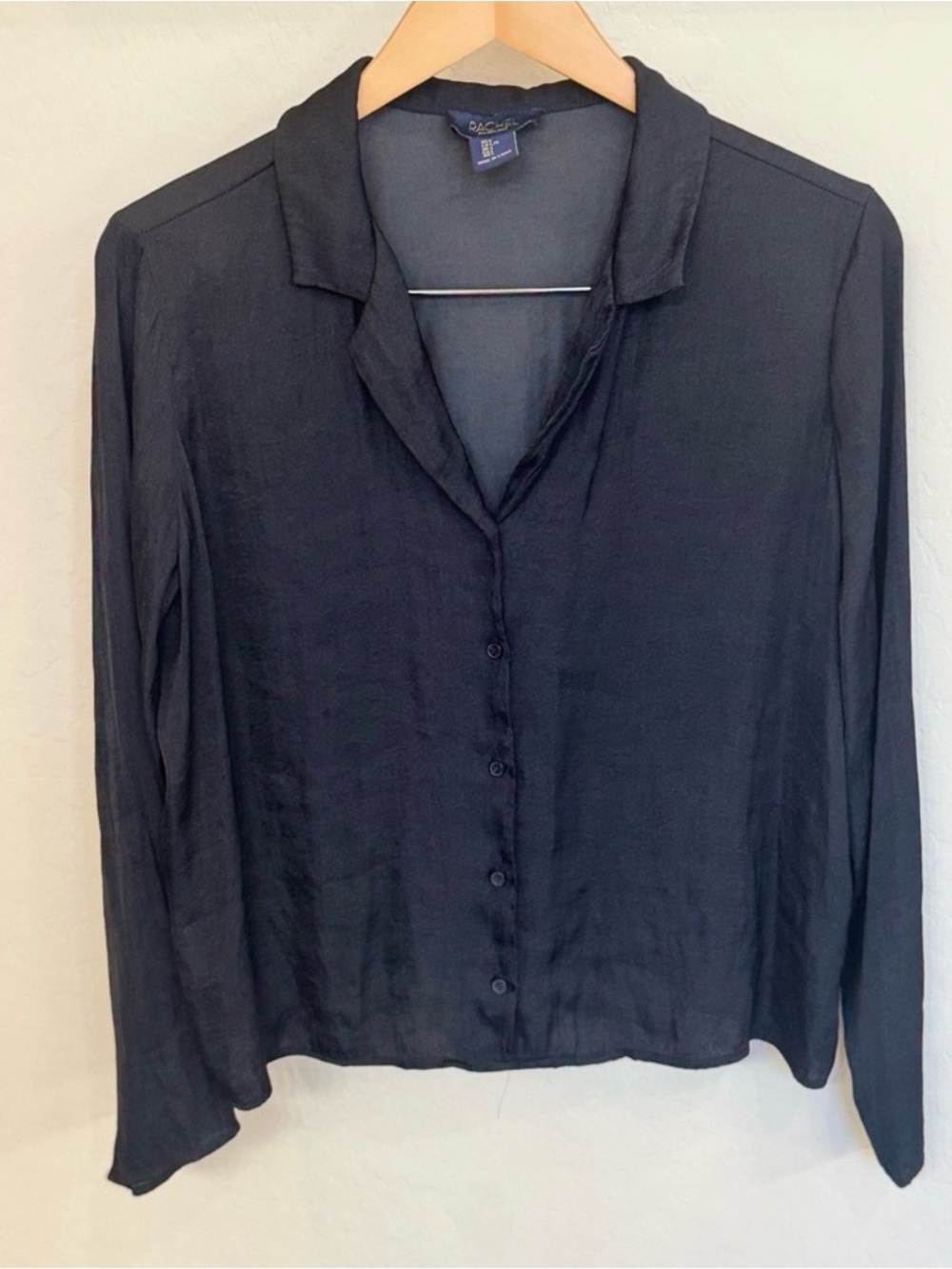 RACHEL Rachel Roy Black Satin Cropped Button-Up Blouse Size L
